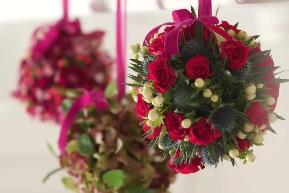 A handcrafted hydrangea mistletoe kissing ball